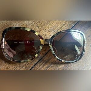 Tory Burch tortoise shell sunglasses with orange leather case